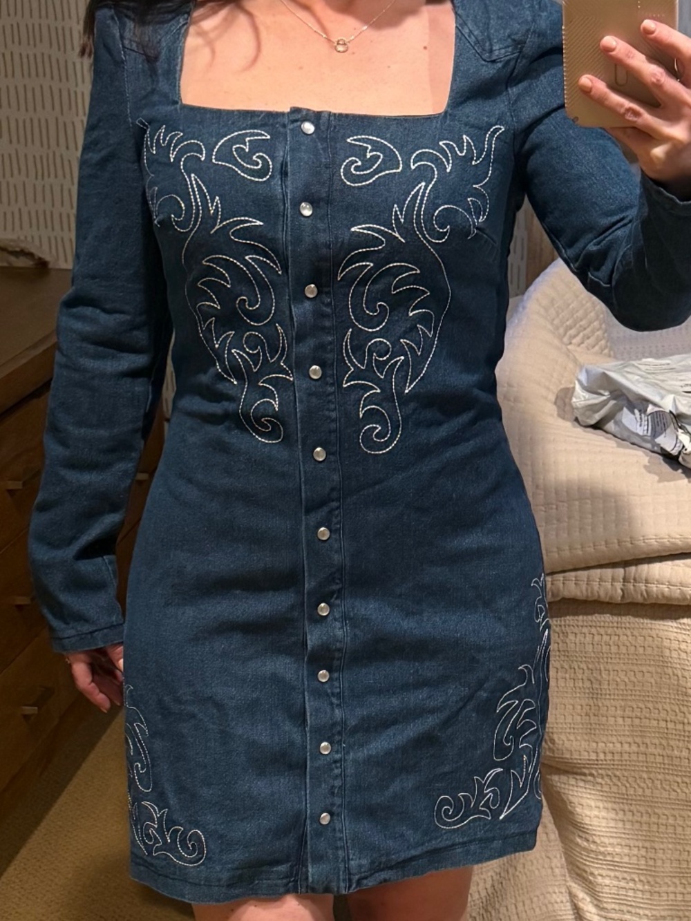 NWT Avec Les Filles Western Embroidery Long Sleeve Denim Mini dress Size 8